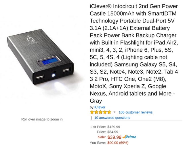 Fotografía - [Offre Alerte] iClever 15,000mAh Batterie Externe Avec écran LCD et lampe de poche 28,99 $ sur Amazon Après 11 $ coupon de réduction